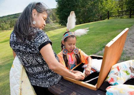 Heather's mother, Carol allows Lanaiya to practice her Blackfeet dance with special Golden Eagle feathers.
East Glacier, Blackfeet Reservation